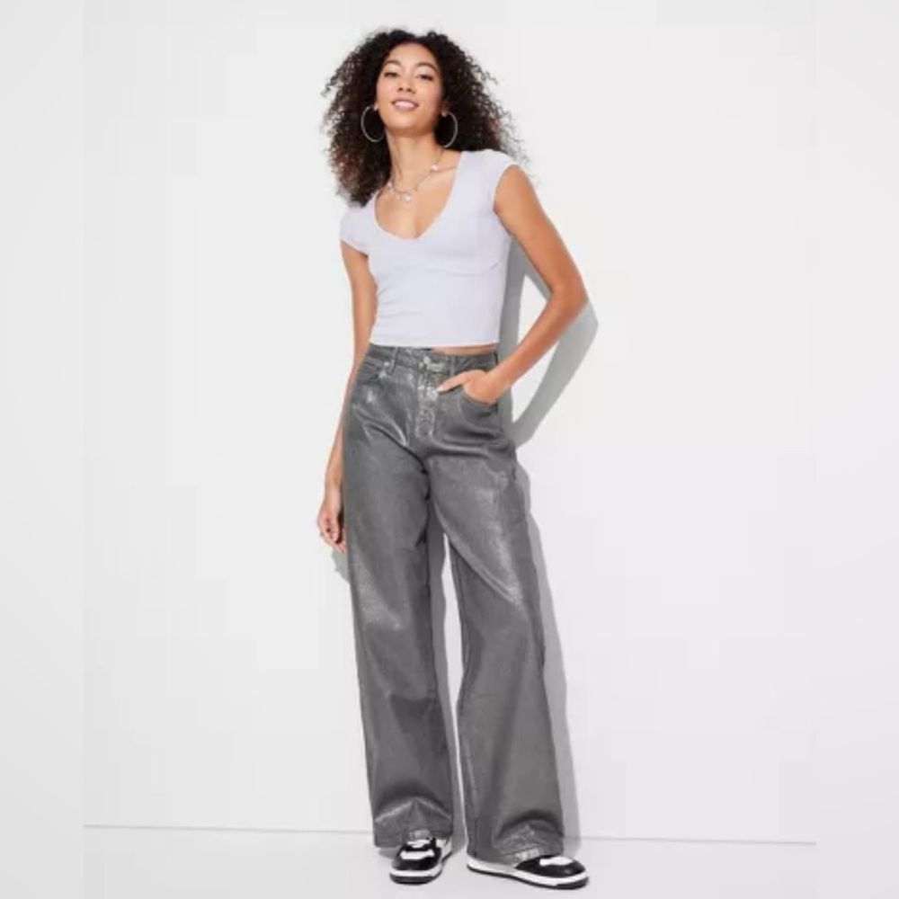 Wild Fable High-Rise Baggy Jean Metallic Sparkle Wide Leg Stretch Denim 14 NWT